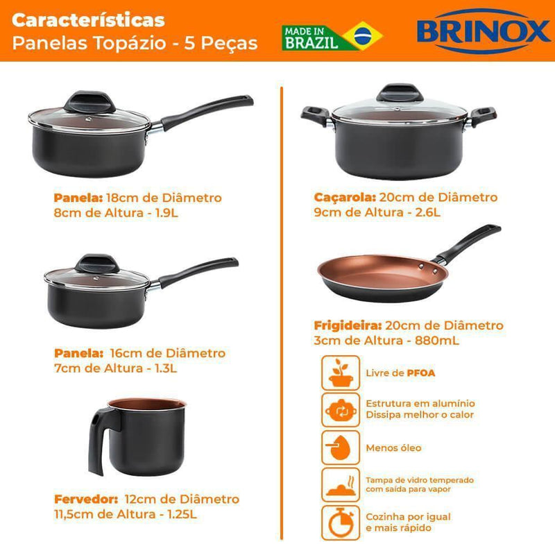 Conjunto Panelas Antiaderente Brinox Topázio 5 Peças