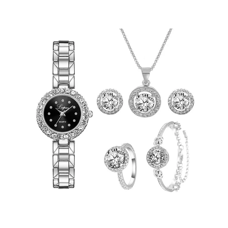 Relógio de Luxo Feminino Deluxe + 5 BRINDES: Colar, 1 Par de Brincos, Anel e Pulseira