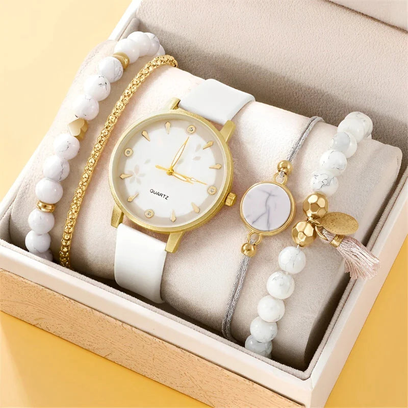 Relógio Quartz Couro Feminino + Brinde 4 Pulseiras