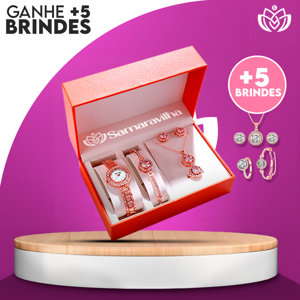 Relógio de Luxo Feminino Deluxe + 5 BRINDES: Colar, 1 Par de Brincos, Anel e Pulseira